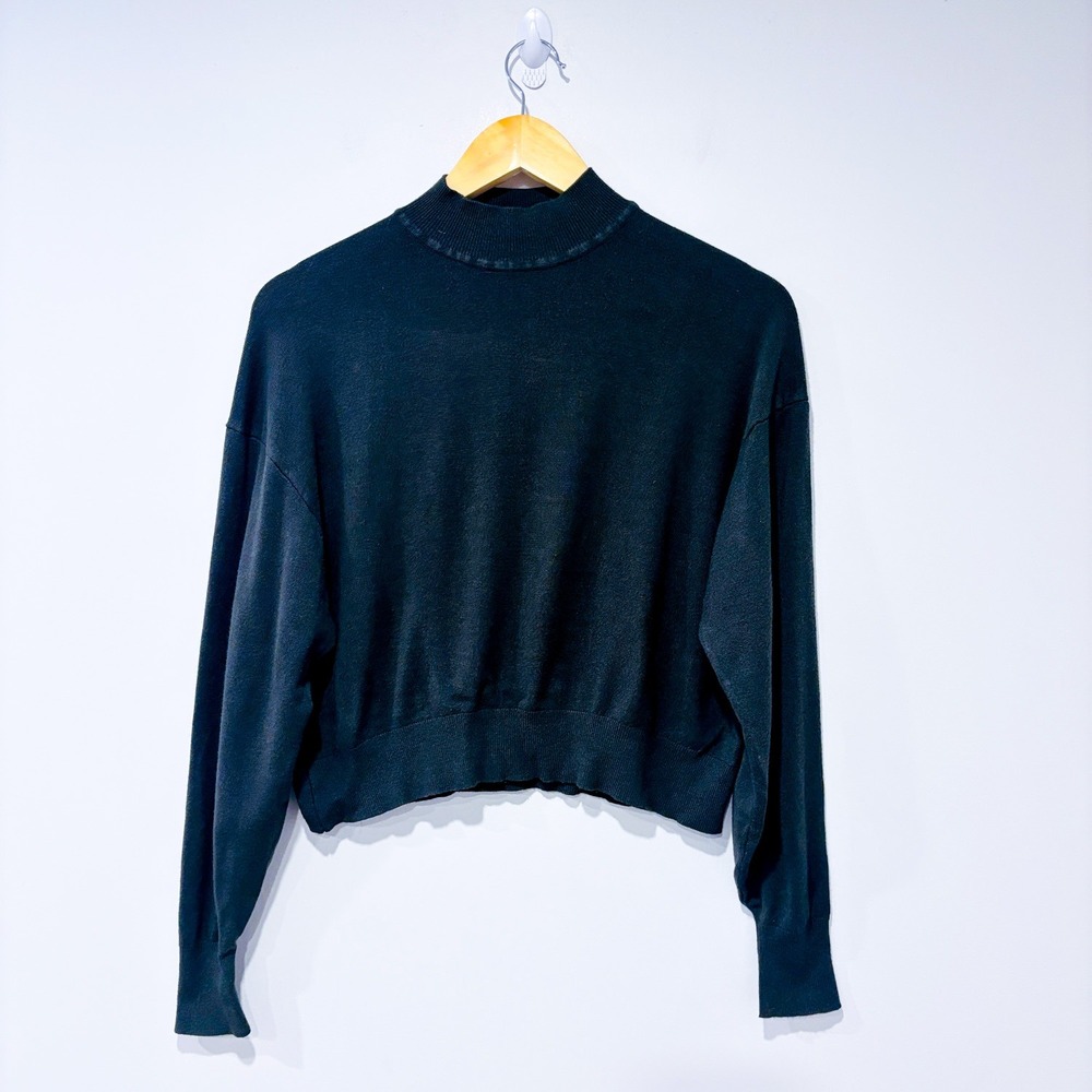 SIMONS Dark khaki‎ cropped mock neck sweater | Minimalist cozy | Small